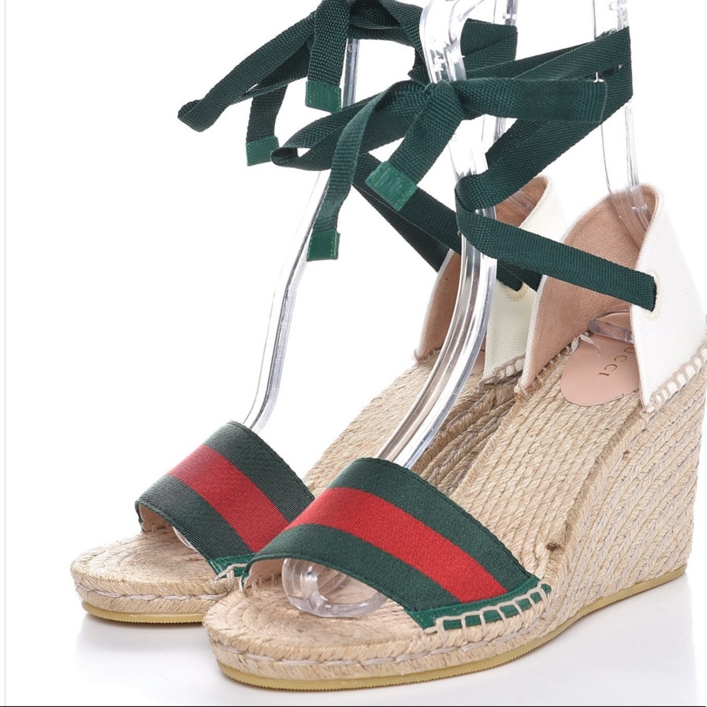 GUCCI Canvas Ankle Wrap Espadrille Wedge Sand 36.5
